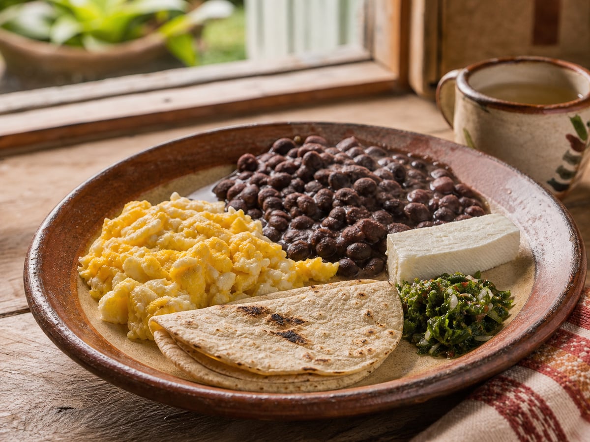 Desayuno chapín equilibrado servido en una porción casera con ingredientes visibles