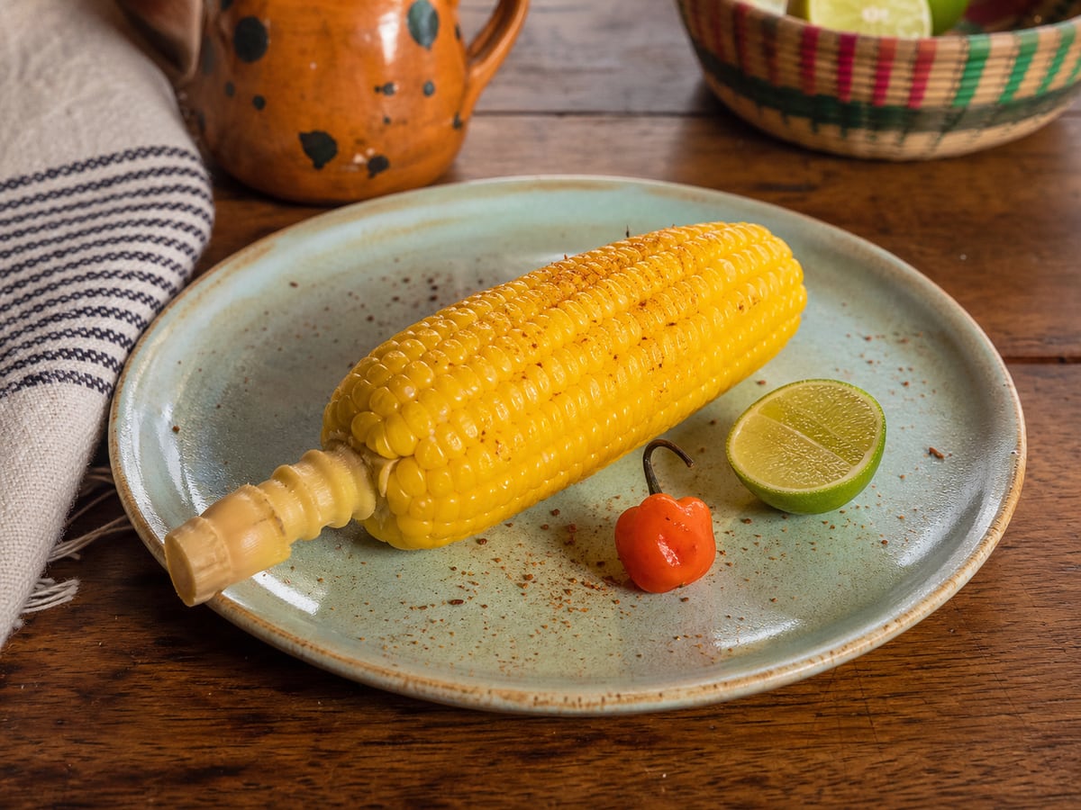 Elote cocido con limón servido en una porción casera con ingredientes visibles