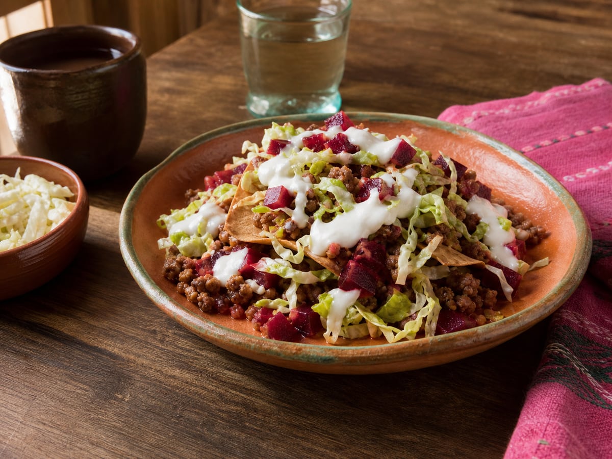 Enchiladas guatemaltecas adaptadas servido en una porción casera con ingredientes visibles