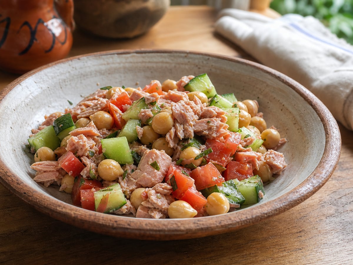 Ensalada de atún y garbanzos servido en una porción casera con ingredientes visibles