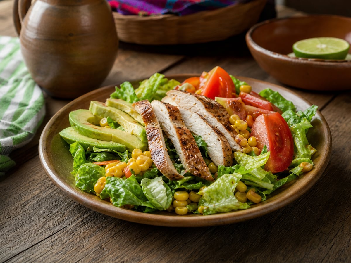 Ensalada completa de pollo y aguacate servido en una porción casera con ingredientes visibles