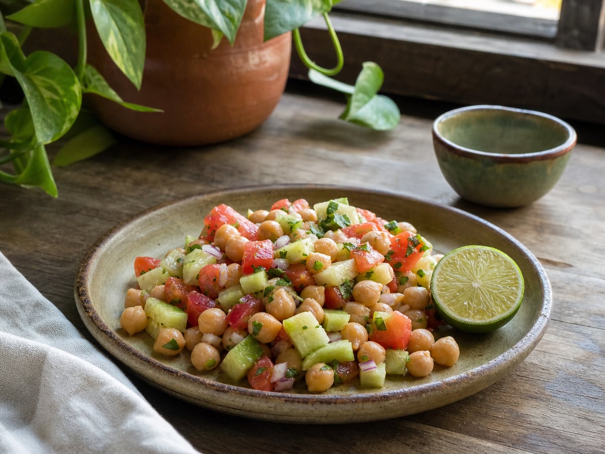 Ensalada de garbanzos servido en una porción casera con ingredientes visibles