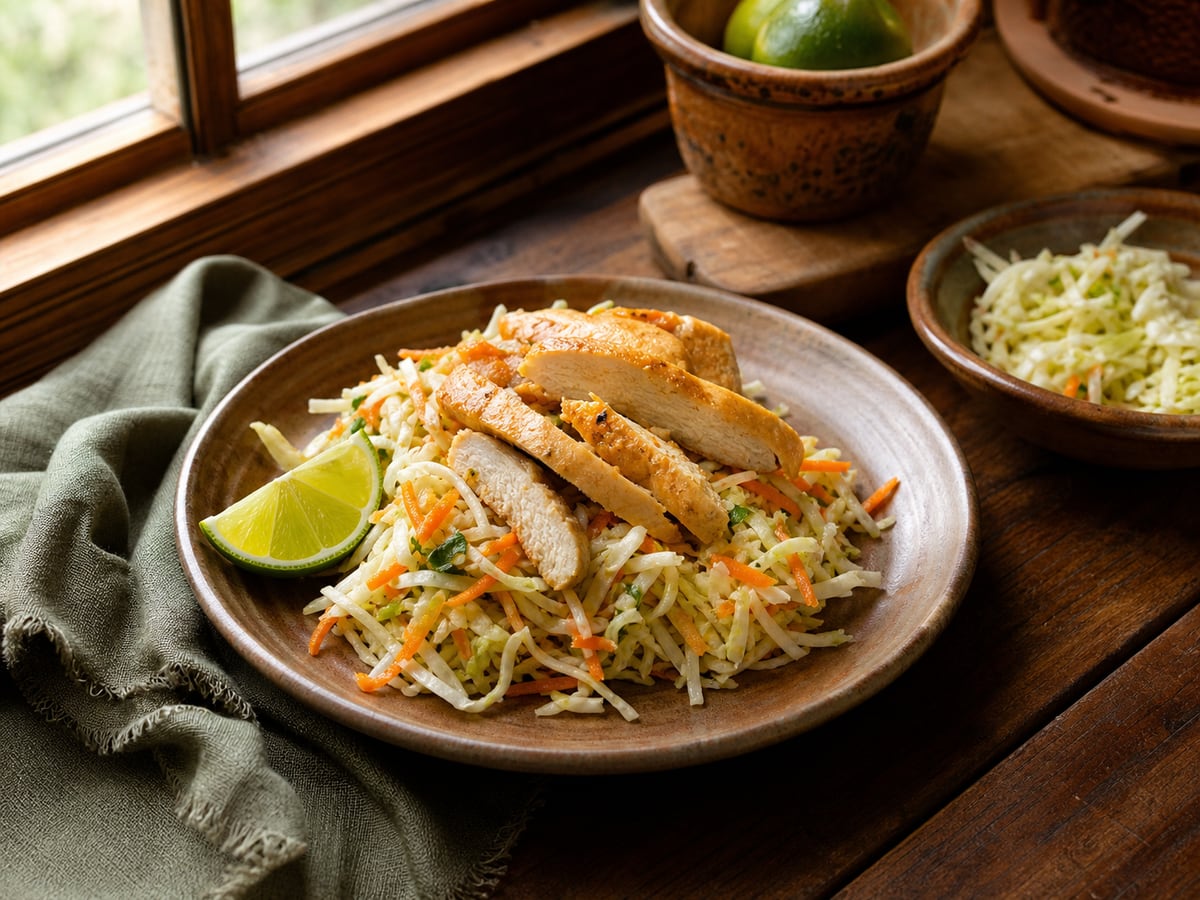 Ensalada de repollo con pollo servido en una porción casera con ingredientes visibles