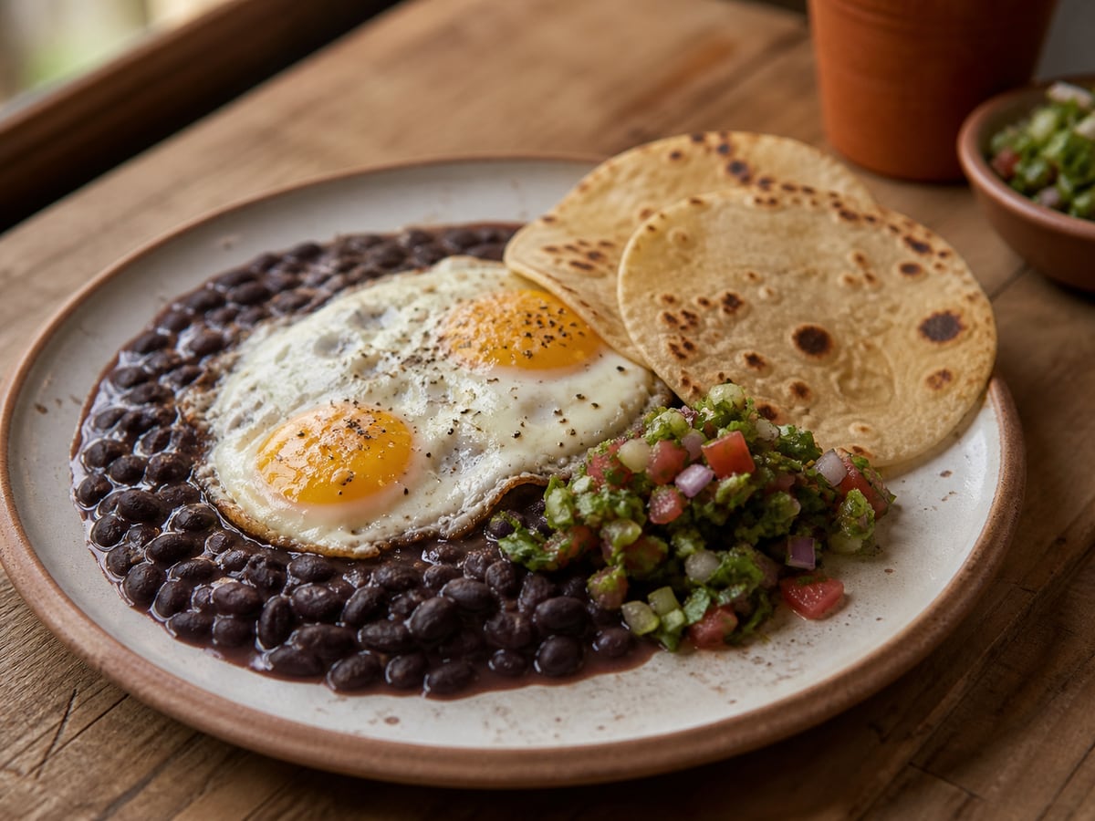 Frijoles parados con huevo servido en una porción casera con ingredientes visibles