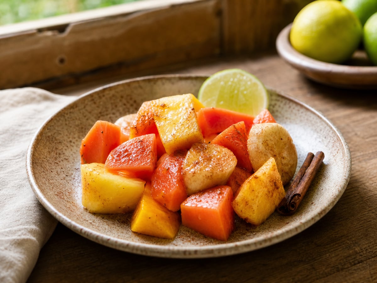 Fruta fresca con canela servido en una porción casera con ingredientes visibles