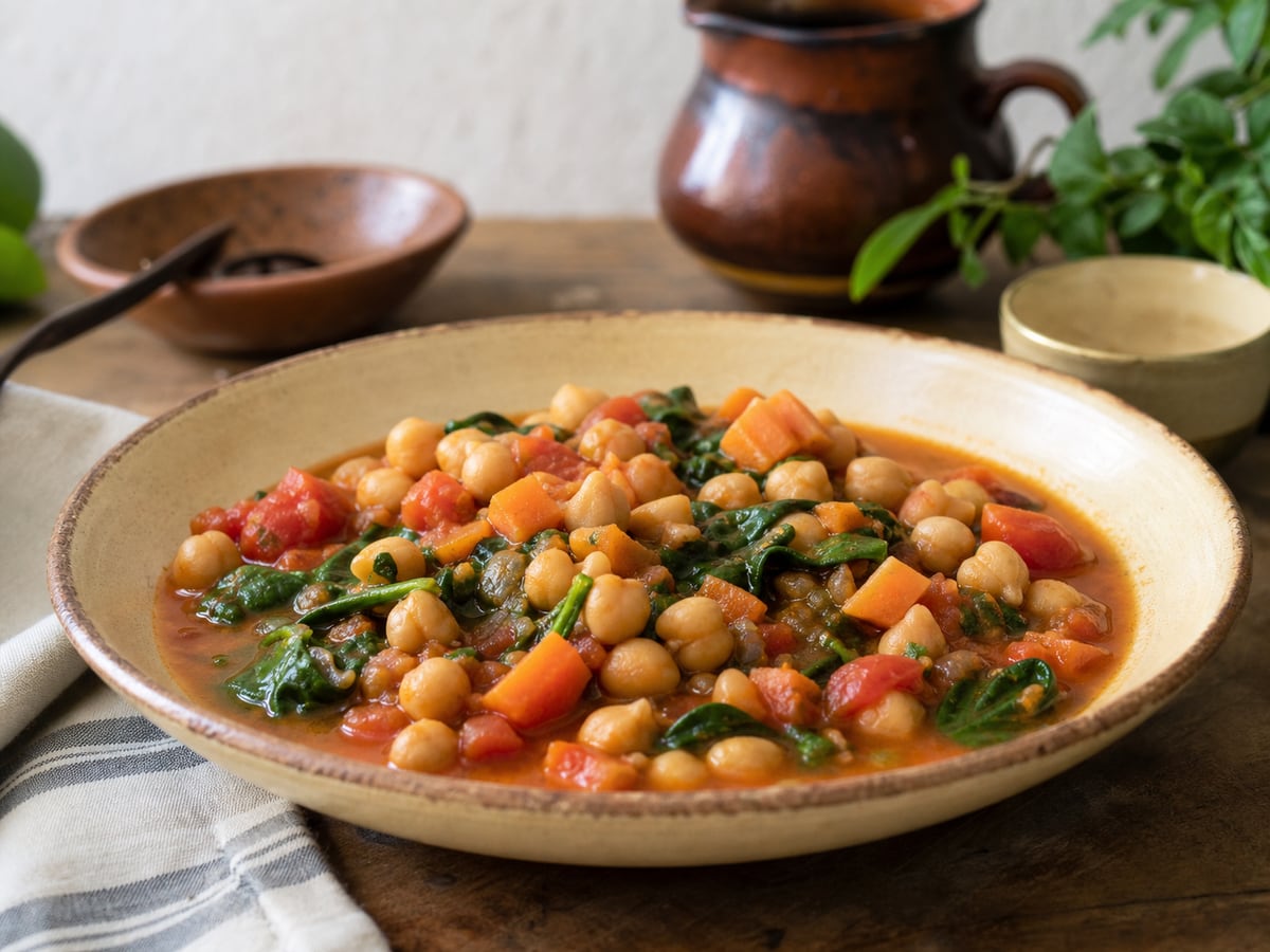Garbanzos guisados servido en una porción casera con ingredientes visibles