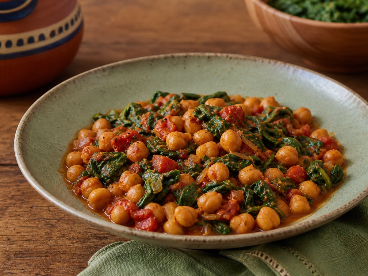 Garbanzos con tomate y espinaca servido en una porción casera con ingredientes visibles