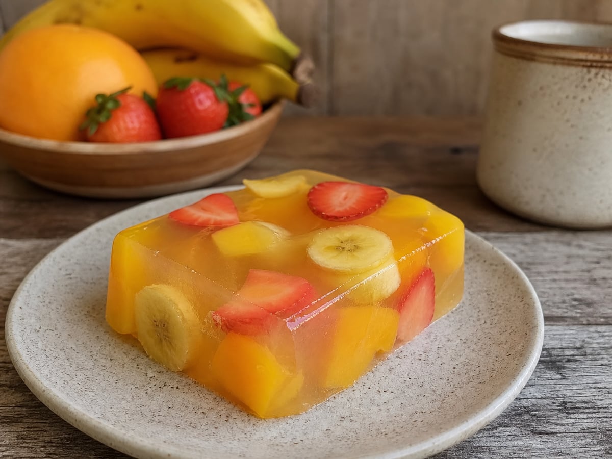 Gelatina con fruta servido en una porción casera con ingredientes visibles
