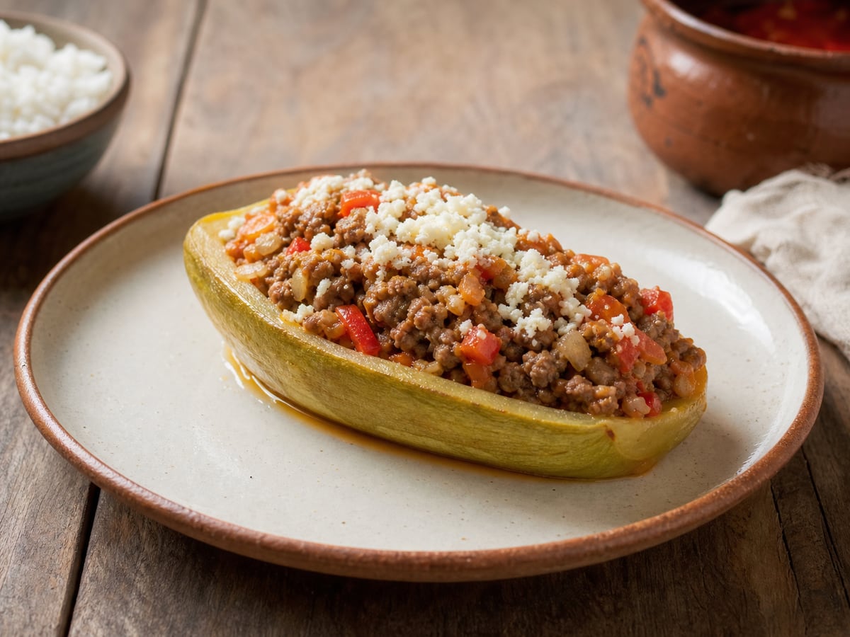 Güisquil relleno con carne magra servido en una porción casera con ingredientes visibles