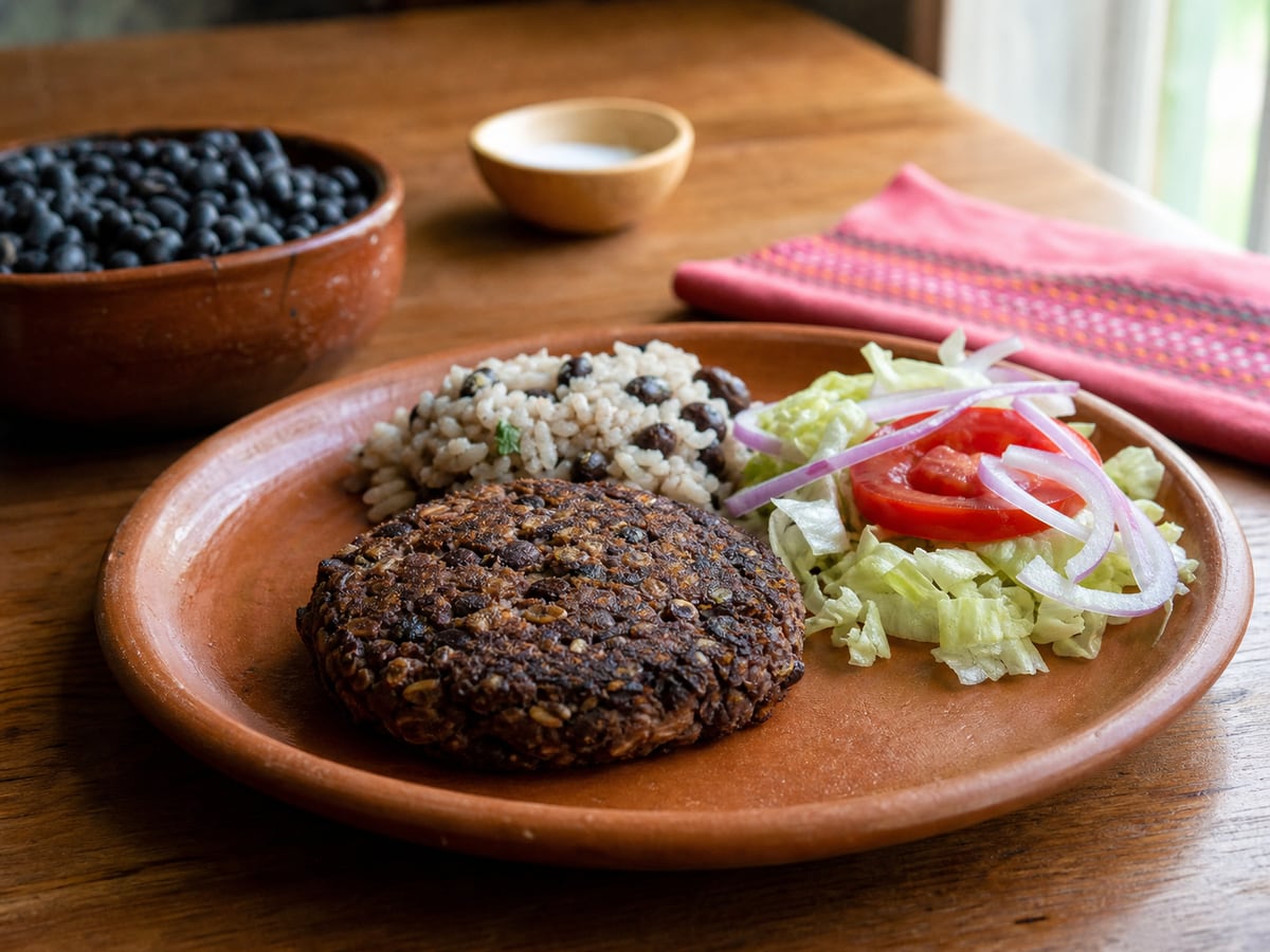 Hamburguesas de frijol servido en una porción casera con ingredientes visibles