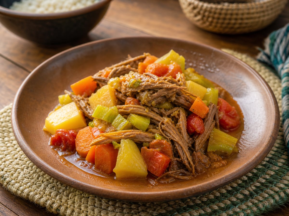 Hilachas con más vegetales servido en una porción casera con ingredientes visibles
