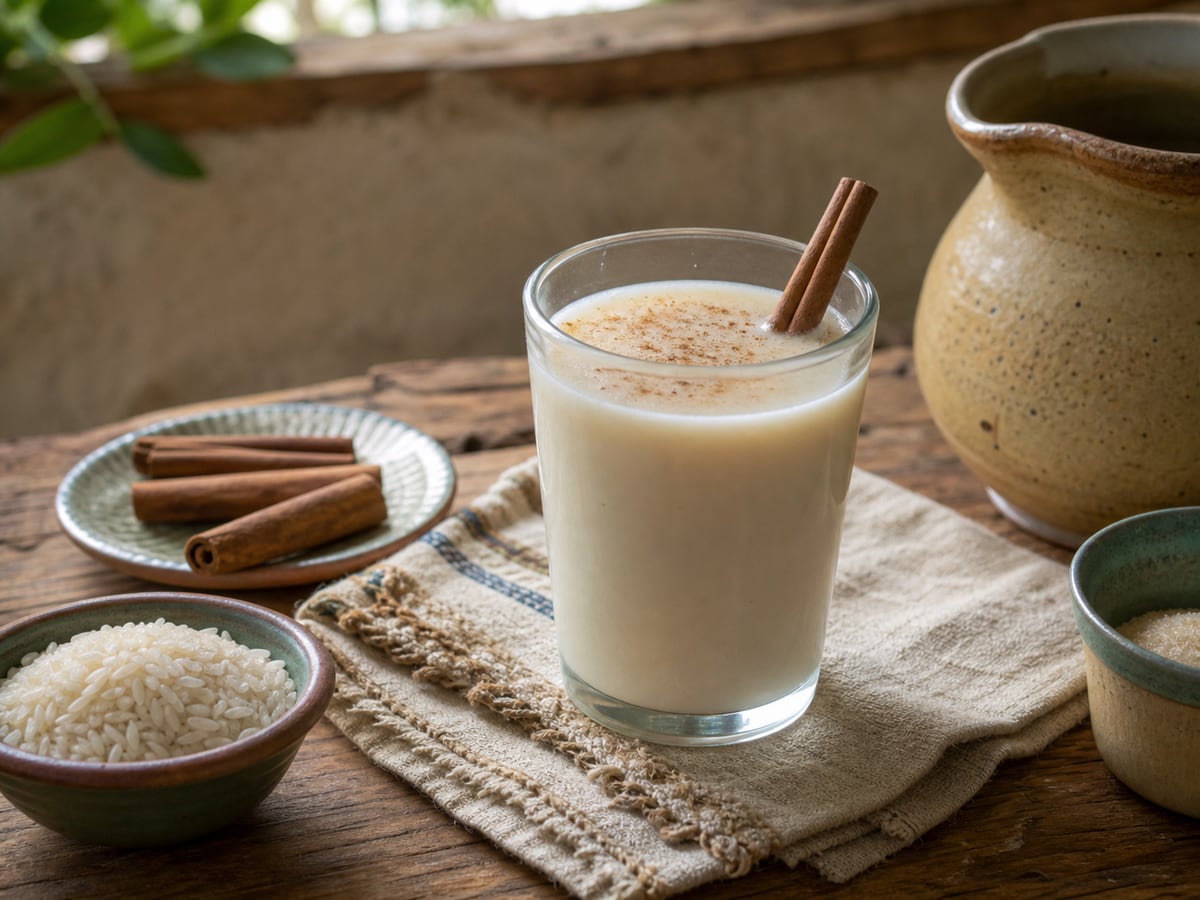 Horchata con azúcar moderada servido en una porción casera con ingredientes visibles