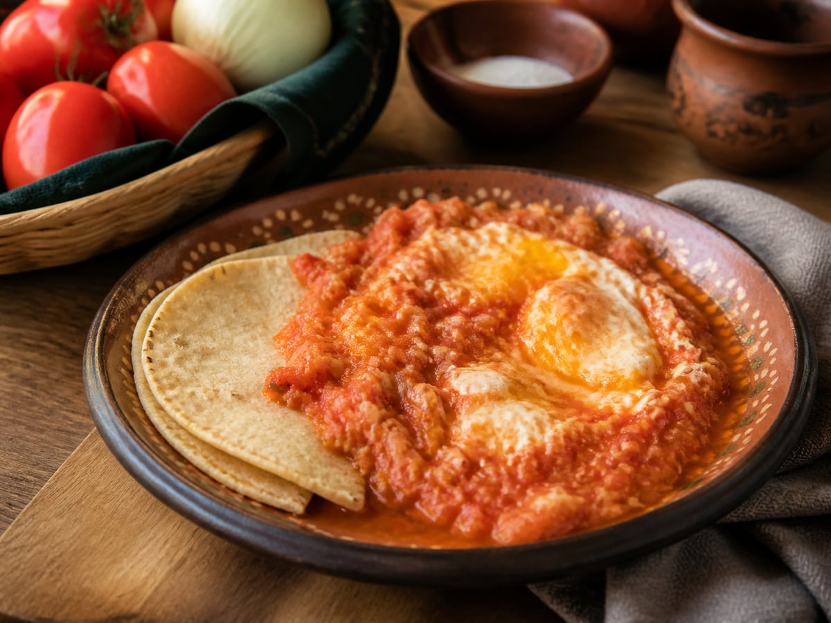 Huevos en salsa de tomate servido en una porción casera con ingredientes visibles