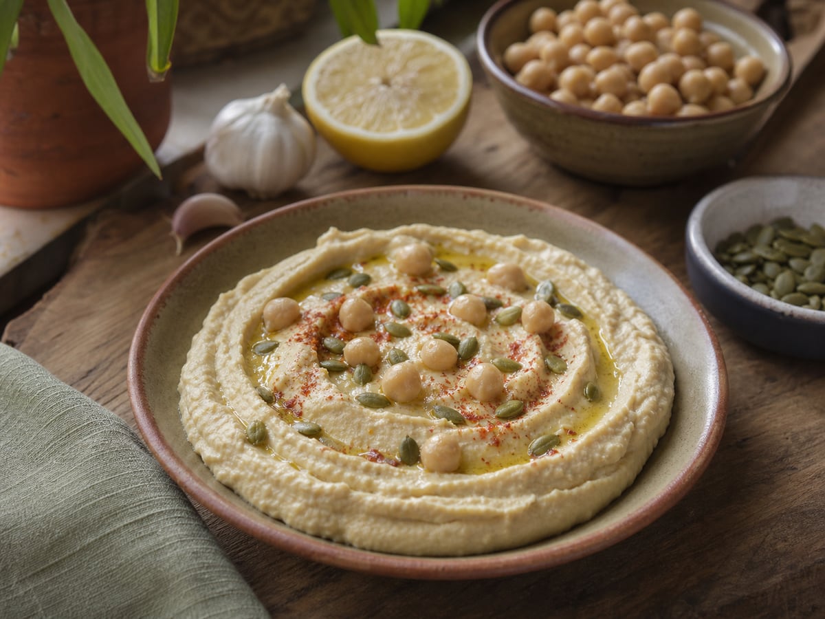 Hummus casero servido en una porción casera con ingredientes visibles