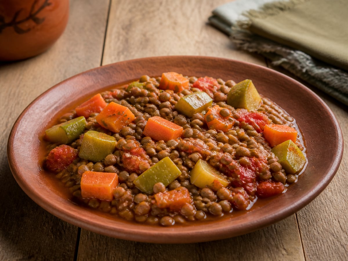Lentejas guisadas con vegetales servido en una porción casera con ingredientes visibles