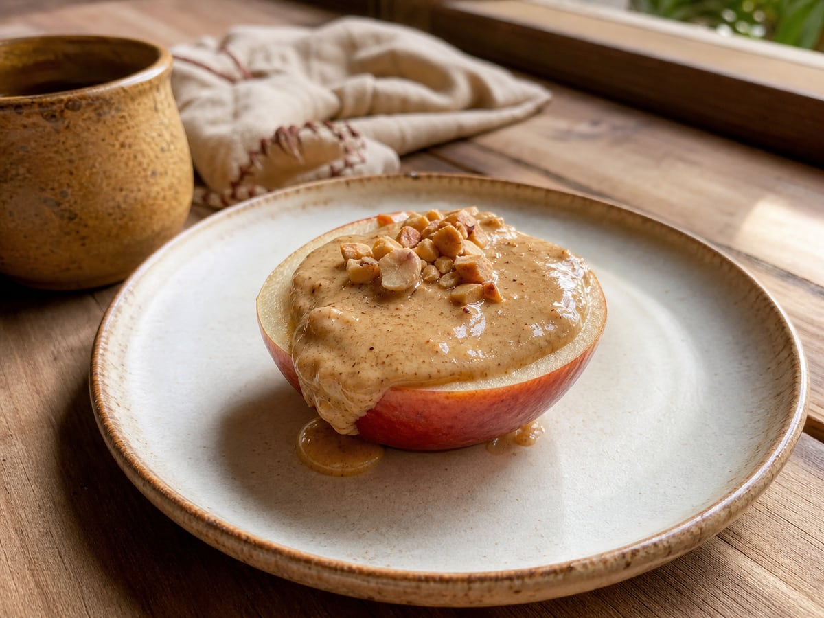 Manzana con crema de maní servido en una porción casera con ingredientes visibles