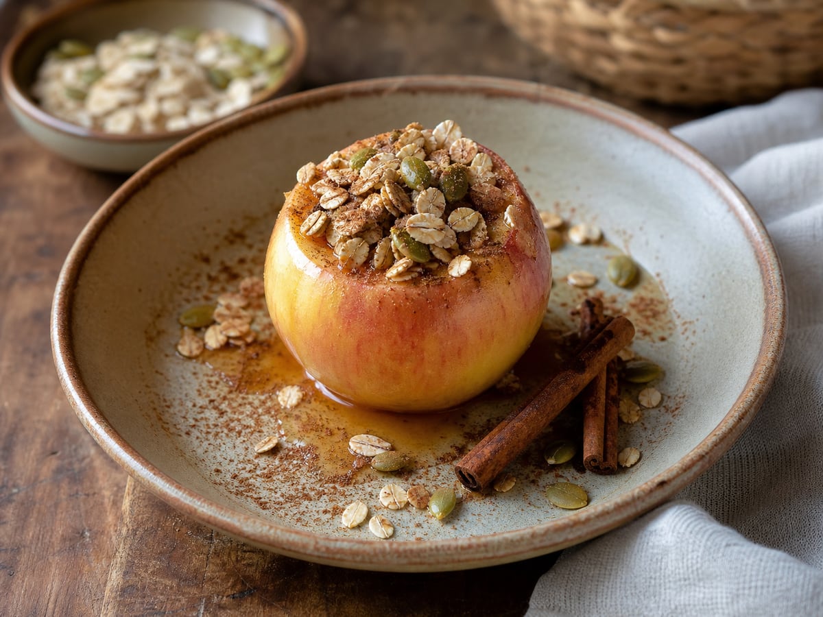 Manzanas horneadas con canela servido en una porción casera con ingredientes visibles
