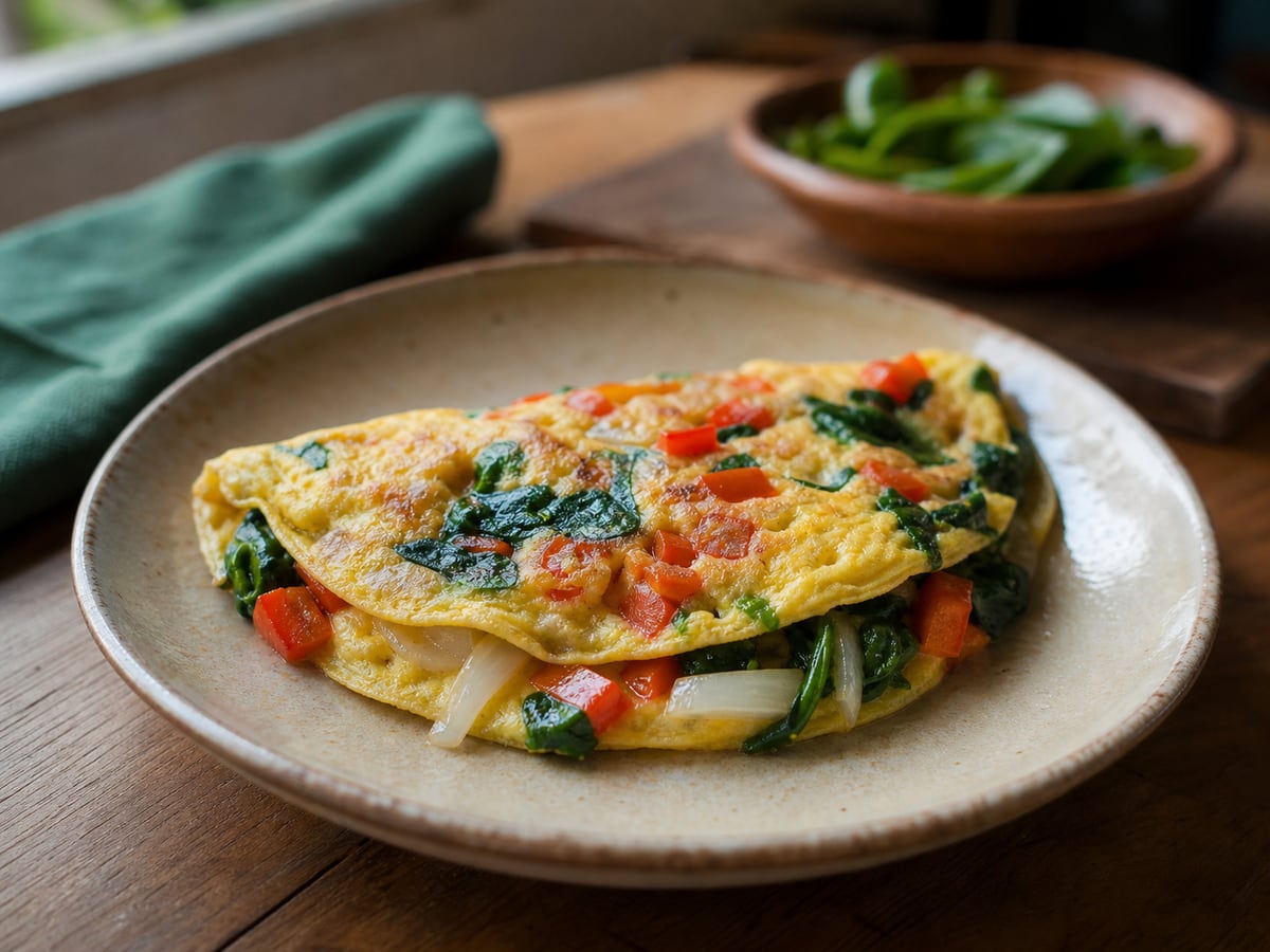 Omelette de vegetales servido en una porción casera con ingredientes visibles