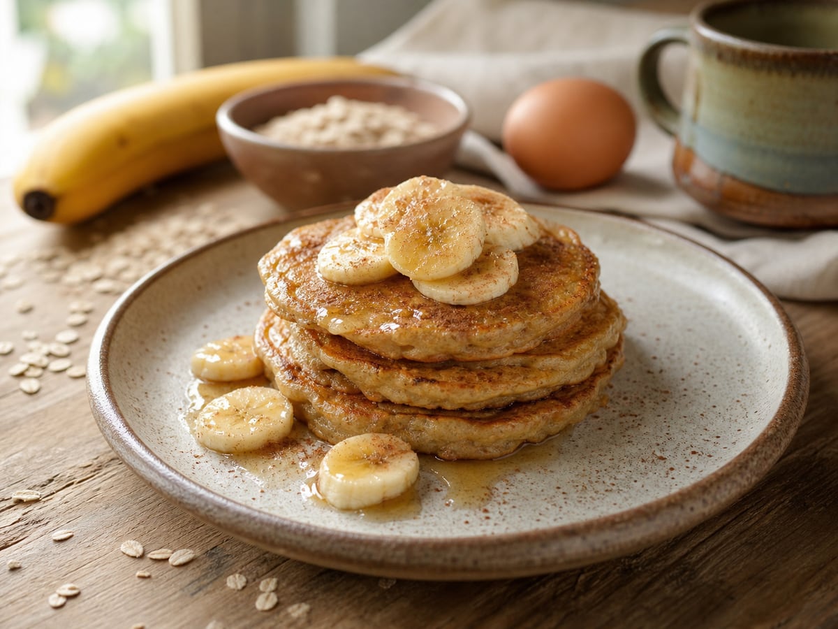 Panqueques de avena y banano servido en una porción casera con ingredientes visibles
