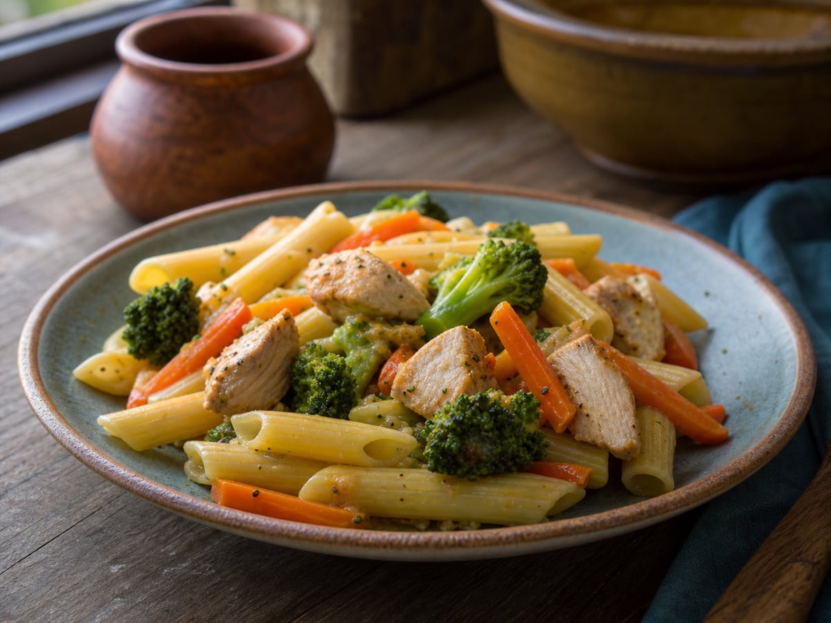 Pasta con pollo y vegetales servido en una porción casera con ingredientes visibles