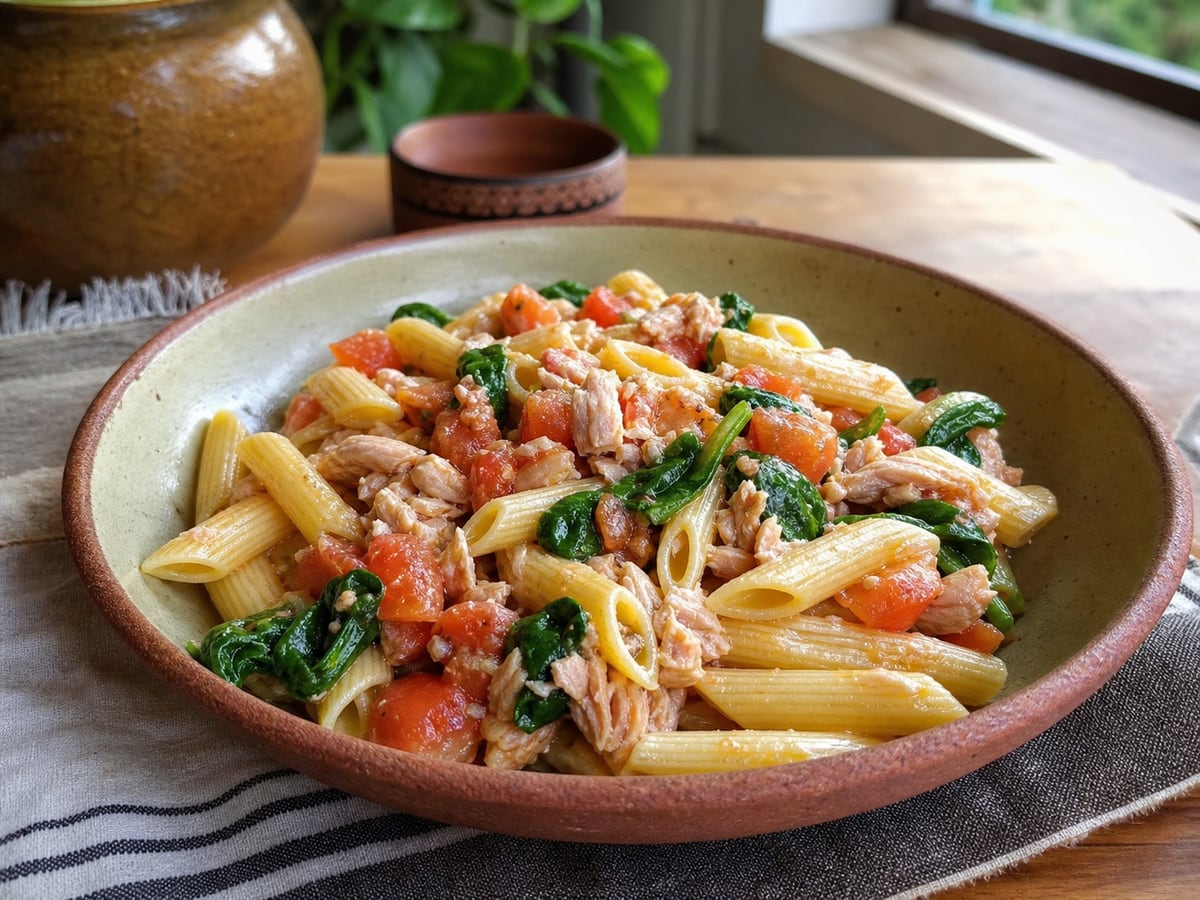 Pasta con tomate y atún servido en una porción casera con ingredientes visibles