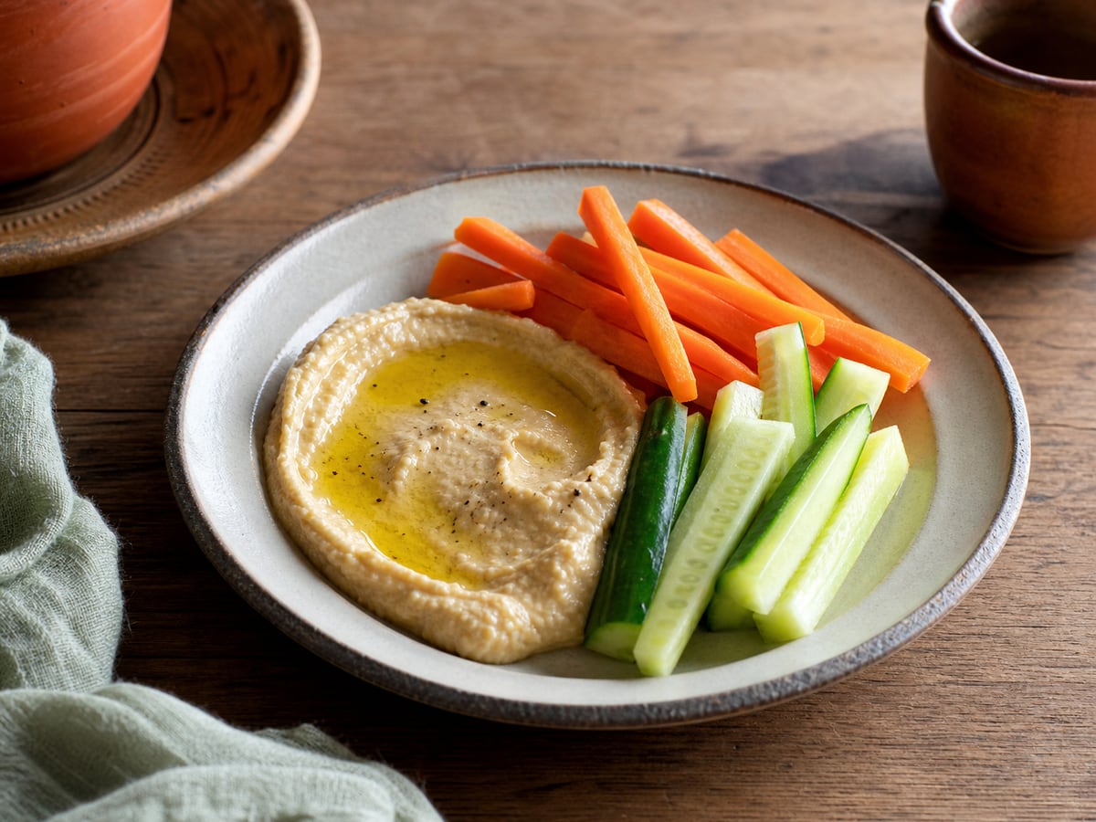 Pepino y zanahoria con hummus servido en una porción casera con ingredientes visibles