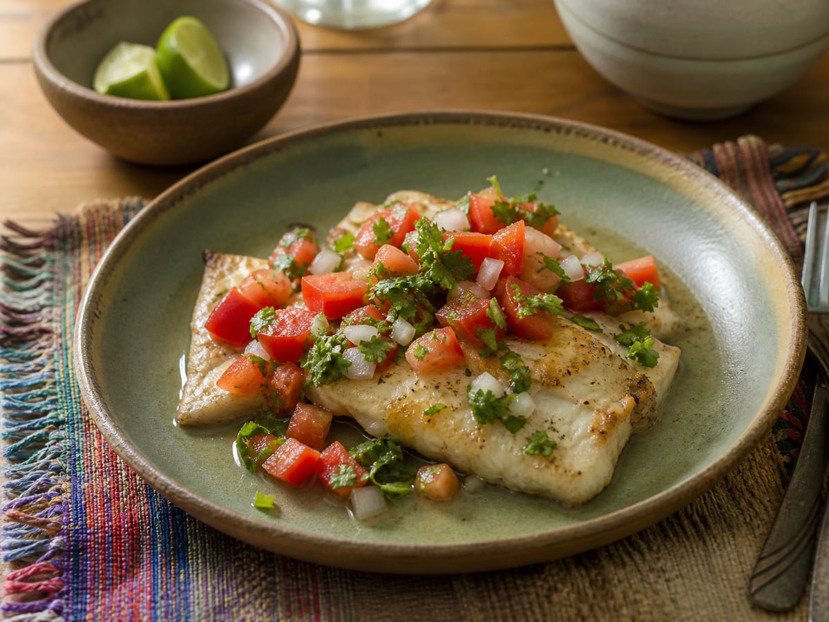 Pescado con chirmol servido en una porción casera con ingredientes visibles