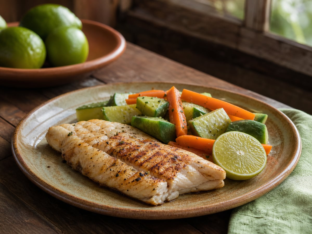 Pescado a la plancha con vegetales servido en una porción casera con ingredientes visibles
