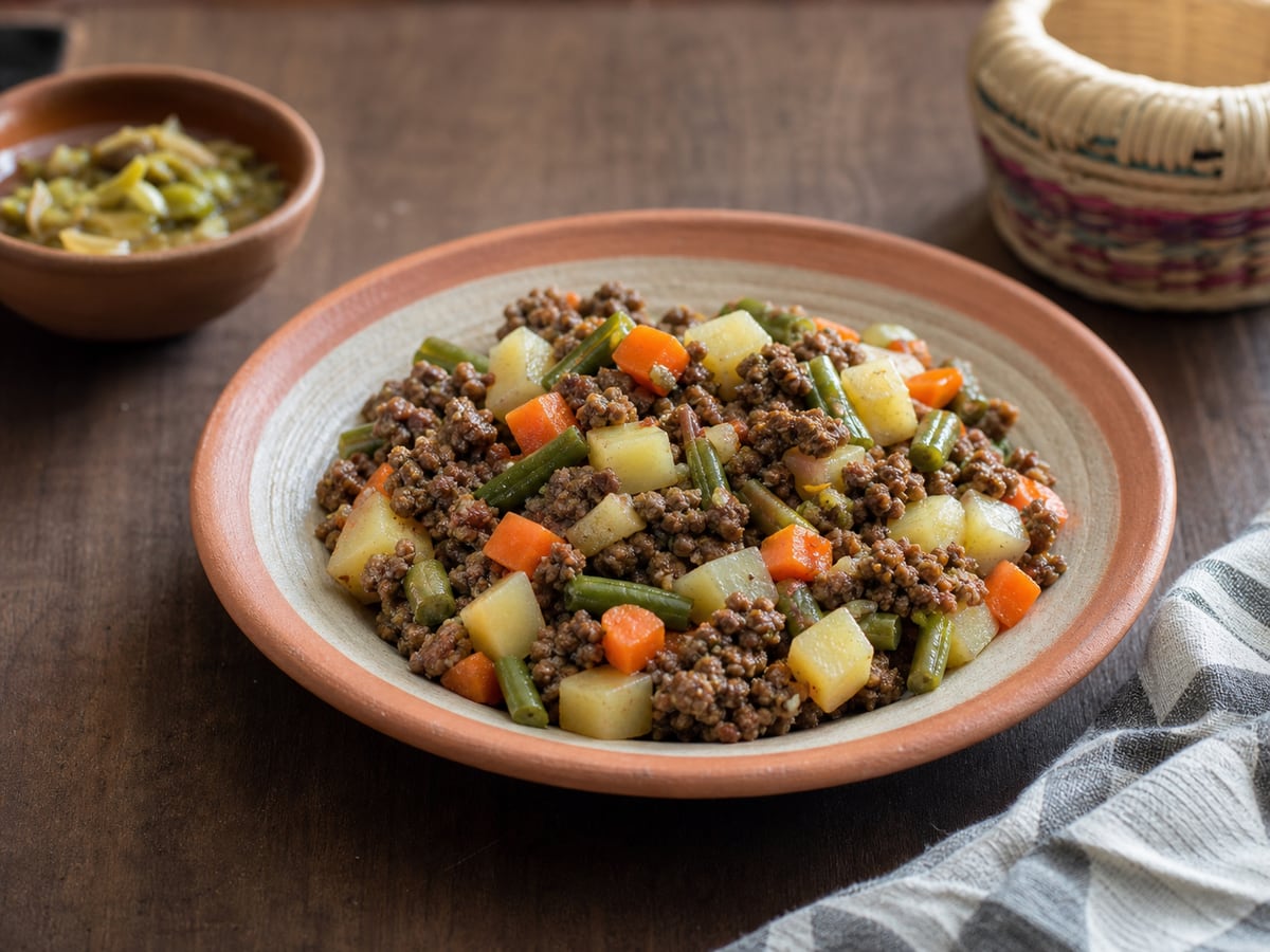 Picado de vegetales con carne molida servido en una porción casera con ingredientes visibles