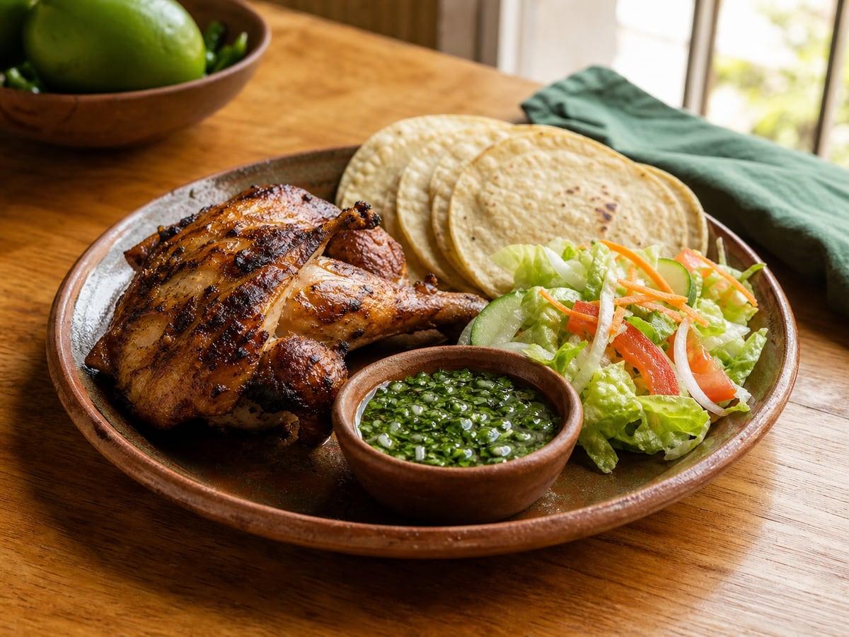 Pollo asado con tortillas y ensalada servido en una porción casera con ingredientes visibles