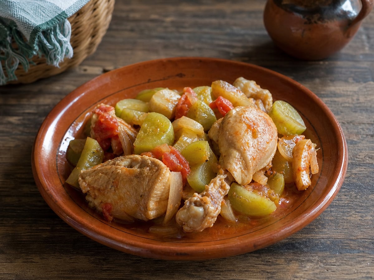 Pollo con güisquil servido en una porción casera con ingredientes visibles