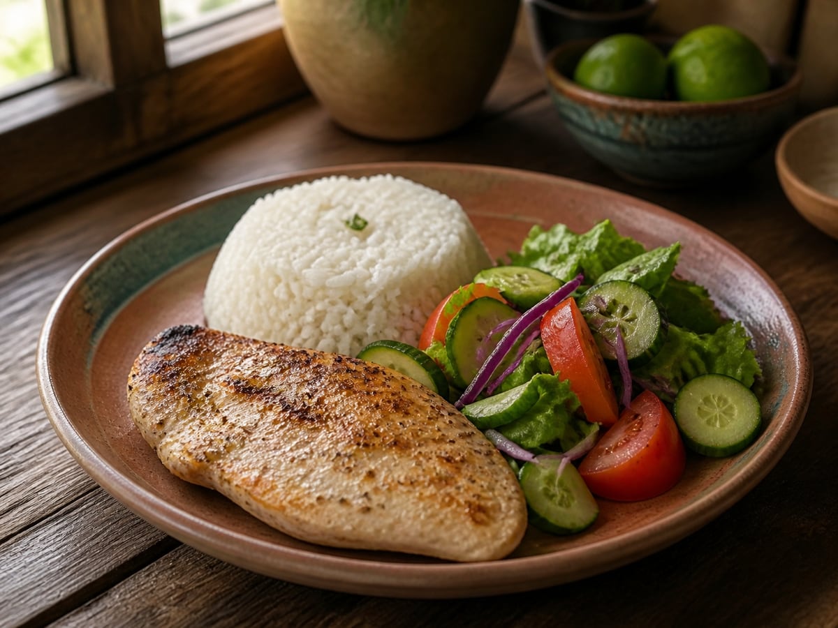 Pollo a la plancha con arroz y ensalada servido en una porción casera con ingredientes visibles