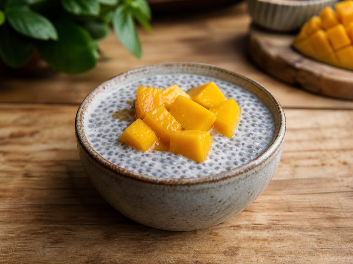 Pudín de chía con fruta servido en una porción casera con ingredientes visibles