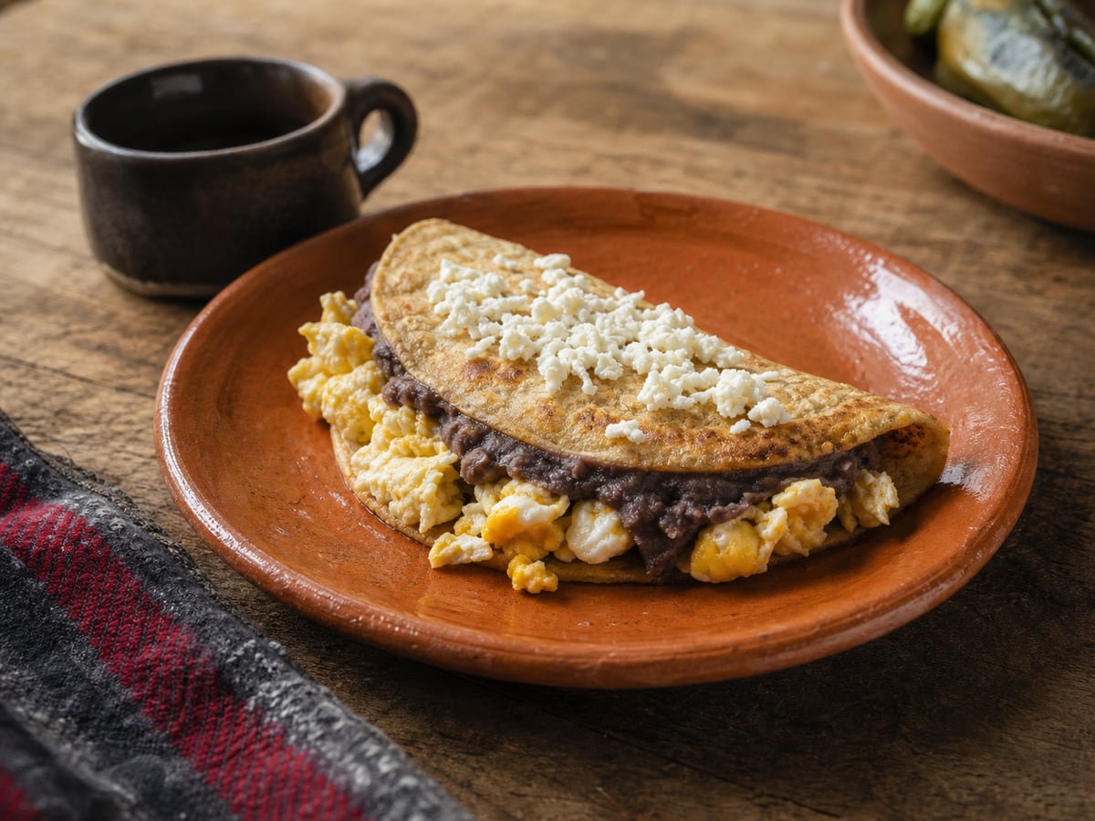 Quesadillas de frijol y huevo servido en una porción casera con ingredientes visibles