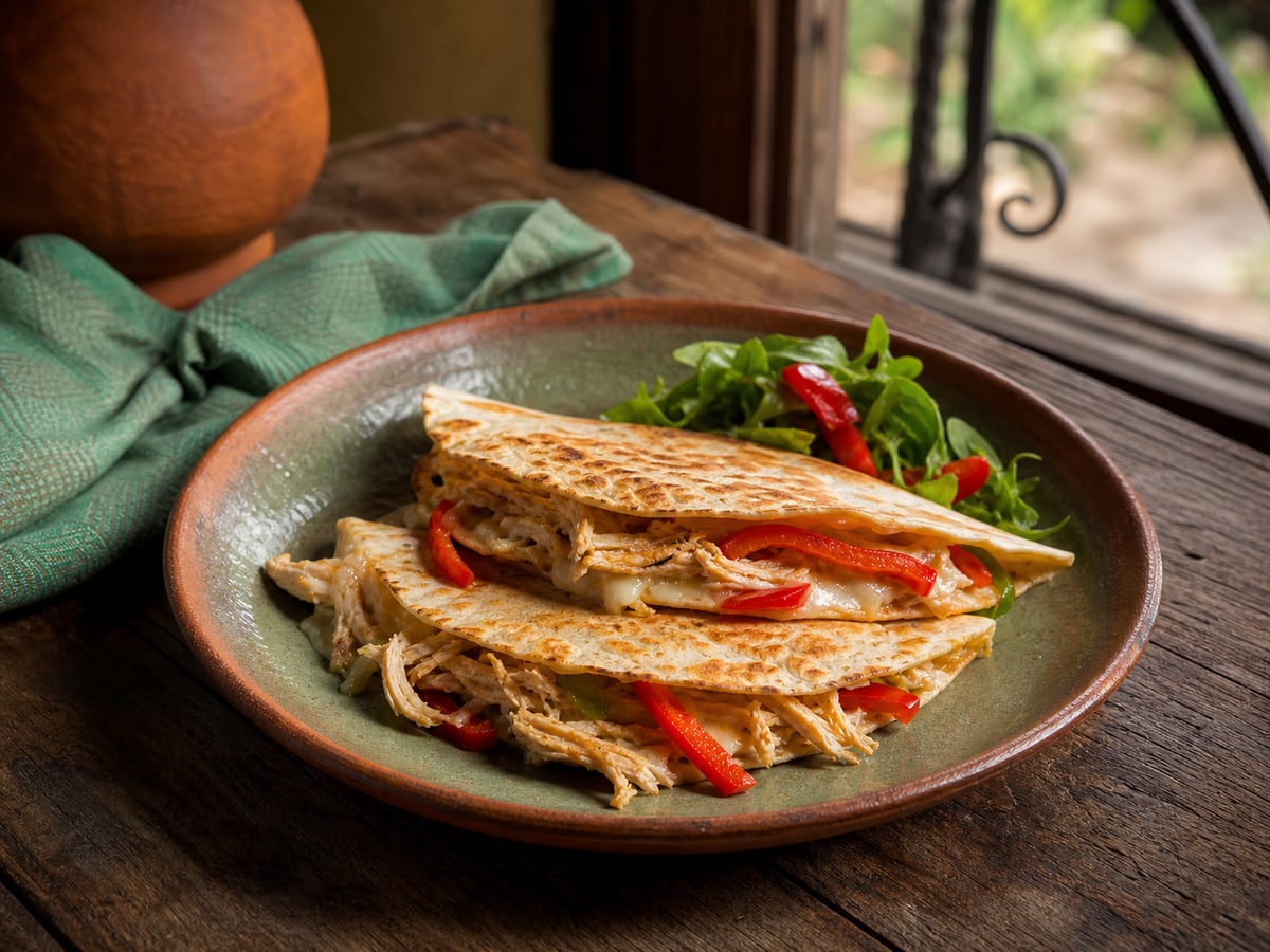 Quesadillas de pollo y vegetales servido en una porción casera con ingredientes visibles