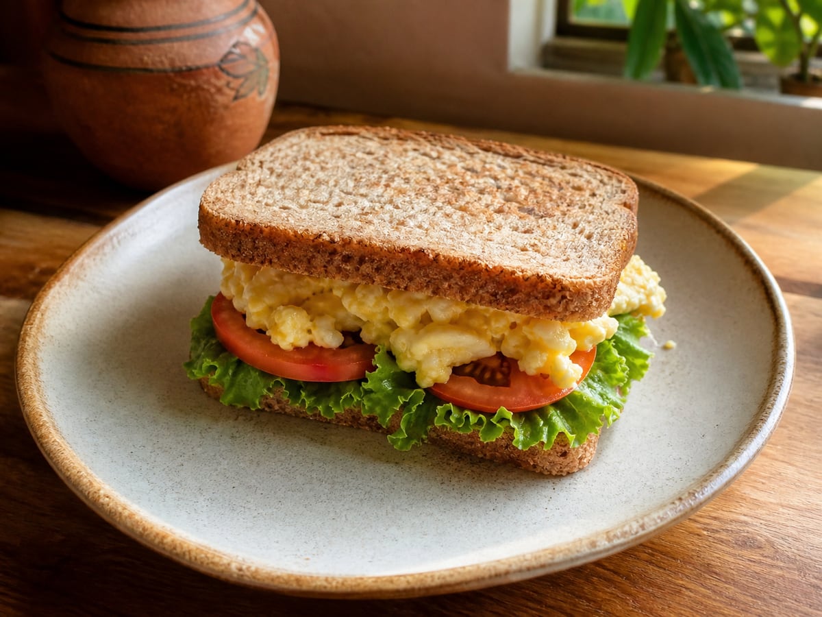 Sándwich de huevo y vegetales servido en una porción casera con ingredientes visibles