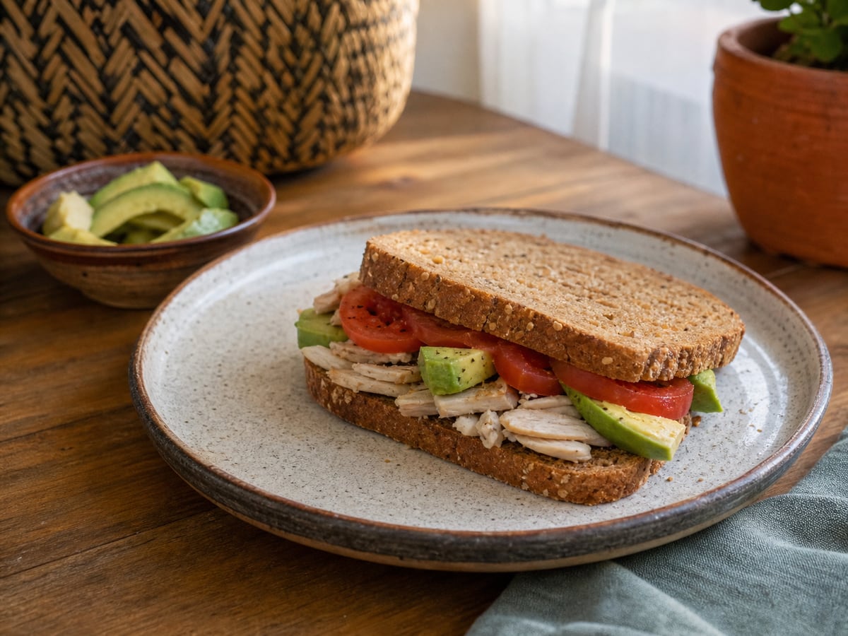 Sándwich de pollo con aguacate servido en una porción casera con ingredientes visibles