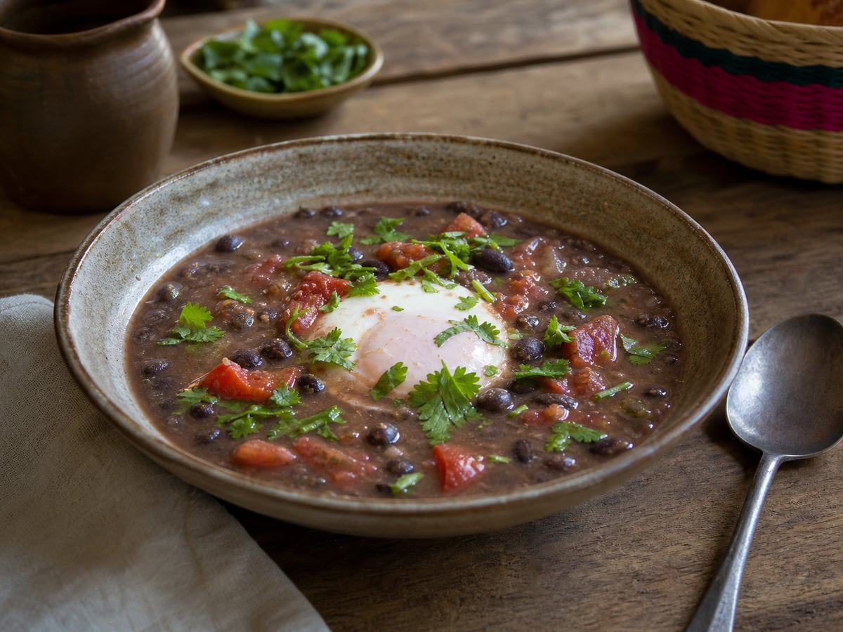 Sopa de frijol con huevo servido en una porción casera con ingredientes visibles
