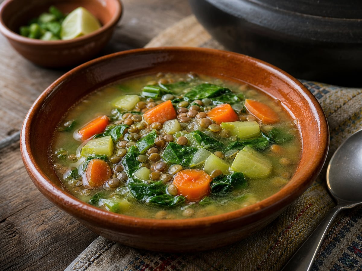 Sopa de vegetales y legumbres servido en una porción casera con ingredientes visibles