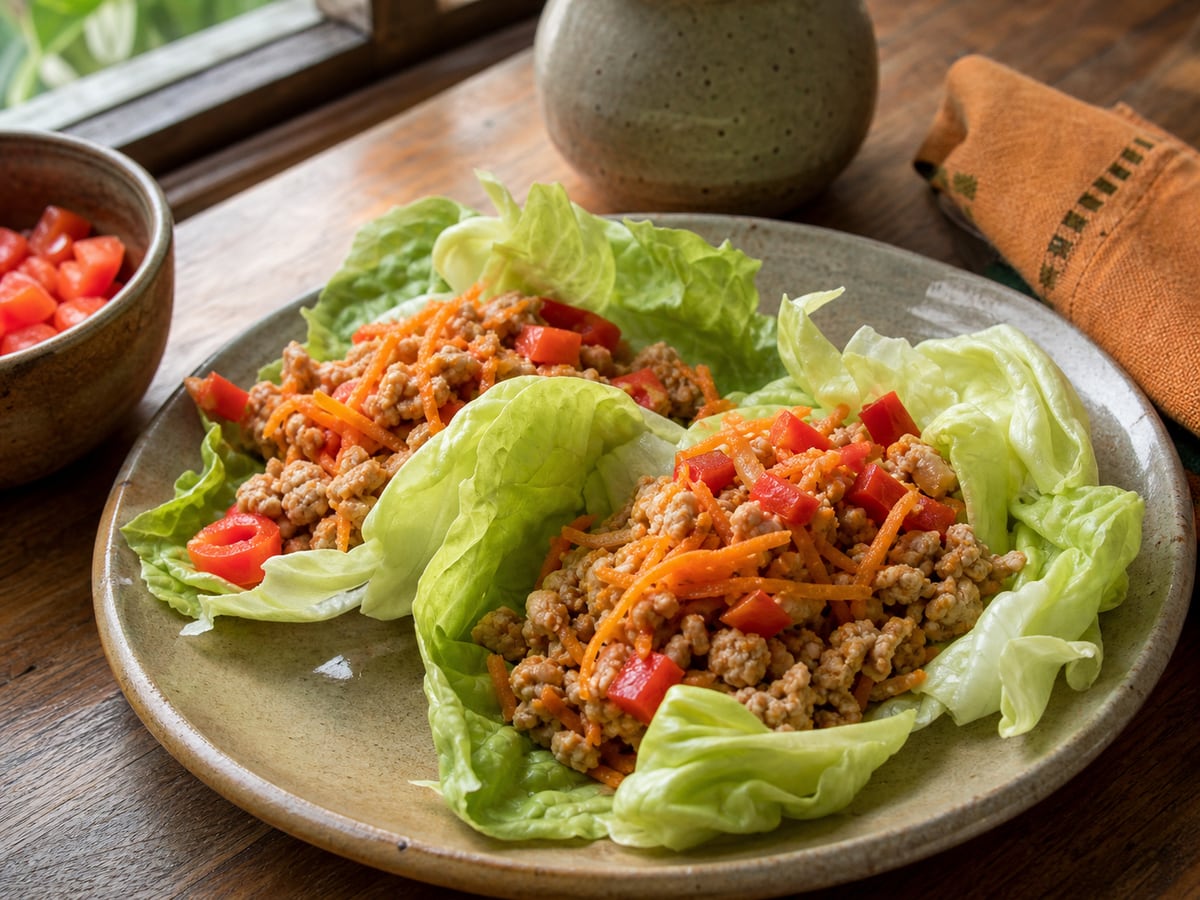 Tacos de lechuga con pollo servido en una porción casera con ingredientes visibles