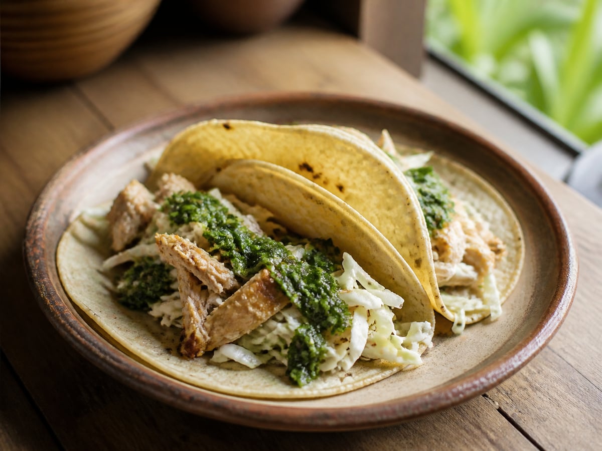 Tacos de pollo con repollo servido en una porción casera con ingredientes visibles
