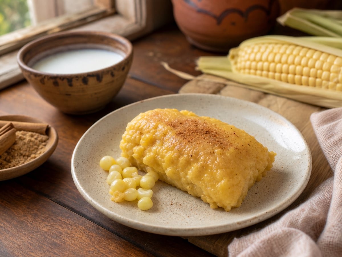 Tamalito de elote en porción razonable servido en una porción casera con ingredientes visibles