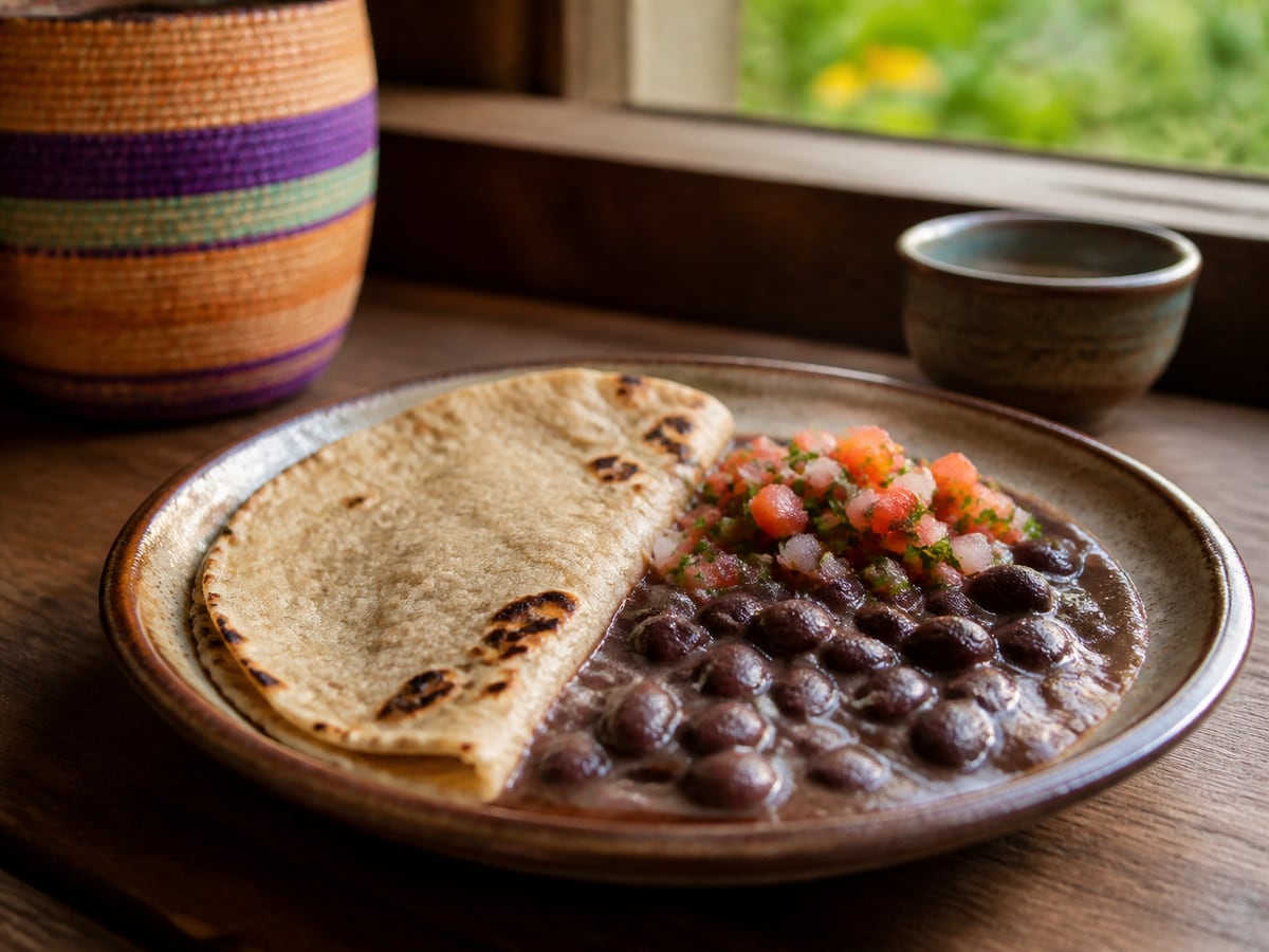 Tortilla con frijoles servido en una porción casera con ingredientes visibles