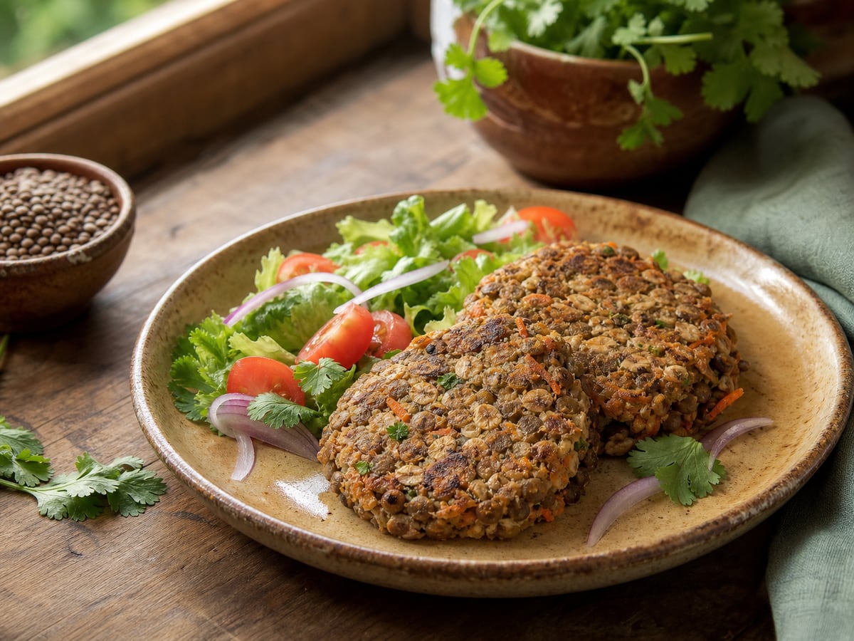 Tortitas de lentejas servido en una porción casera con ingredientes visibles