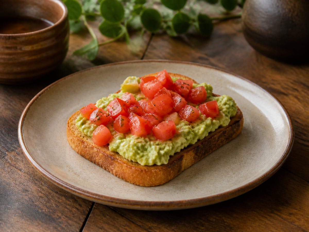 Tostada con aguacate servido en una porción casera con ingredientes visibles