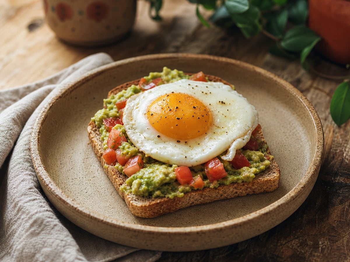 Tostadas con aguacate y huevo servido en una porción casera con ingredientes visibles