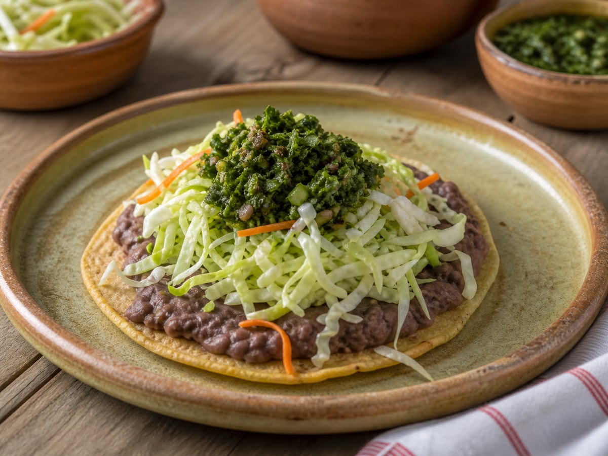 Tostadas horneadas de frijol servido en una porción casera con ingredientes visibles