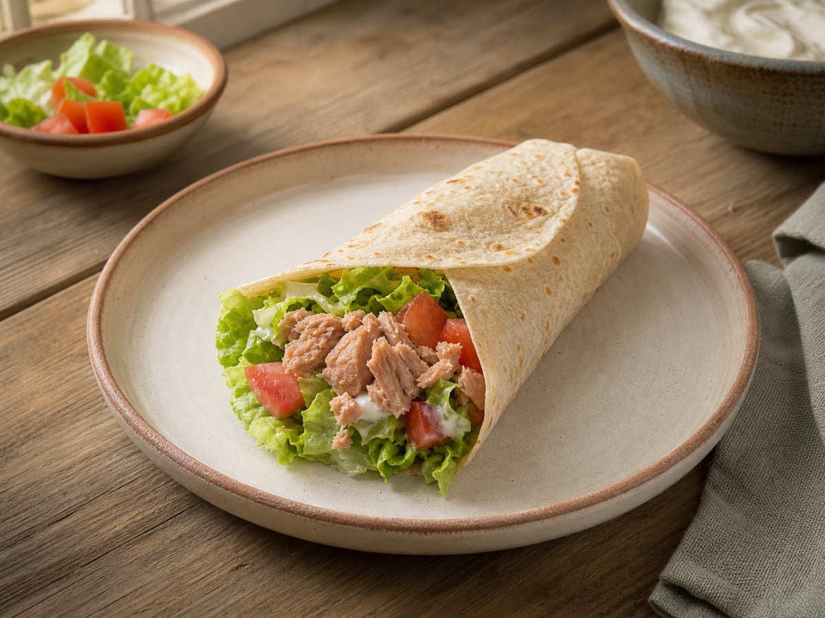 Wrap de atún servido en una porción casera con ingredientes visibles