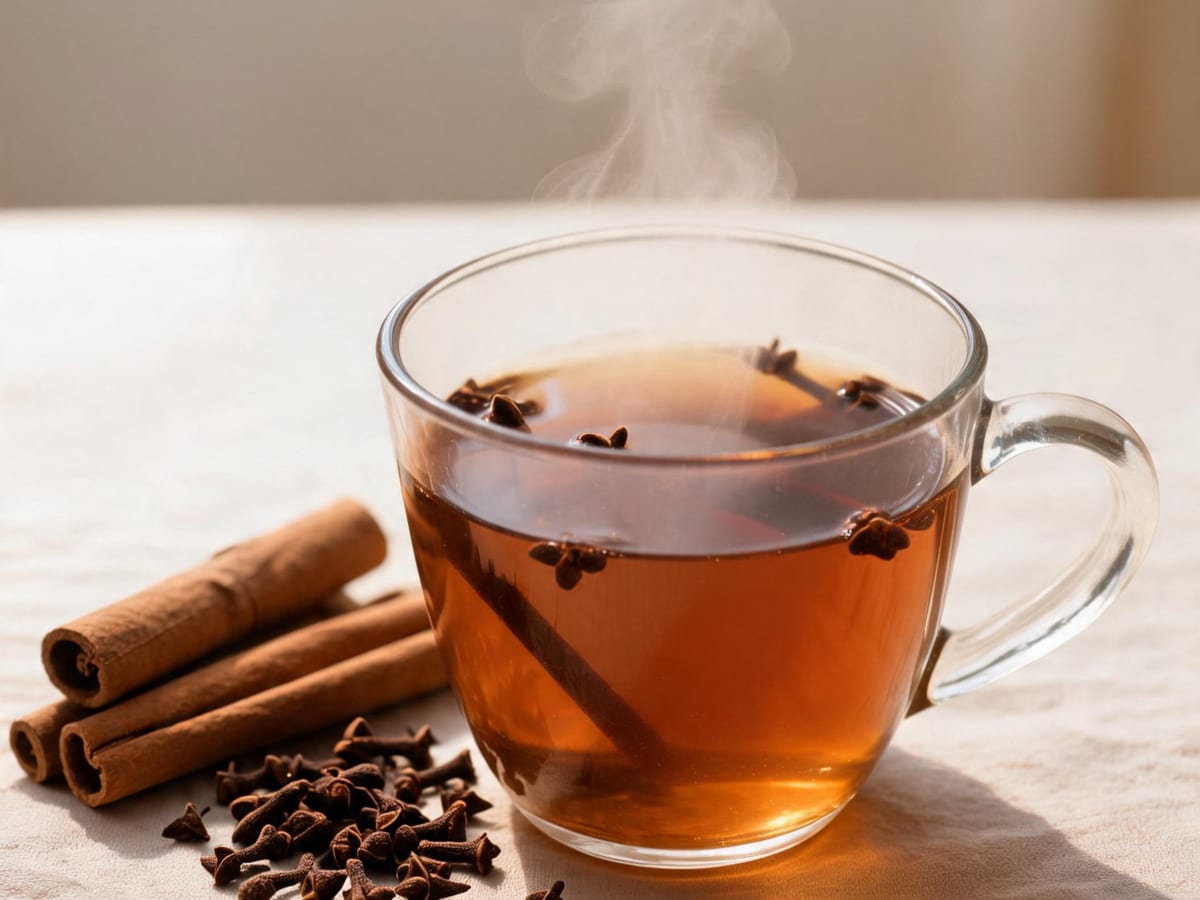 Vaso de agua de canela con clavos de olor y rajas de canela al lado
