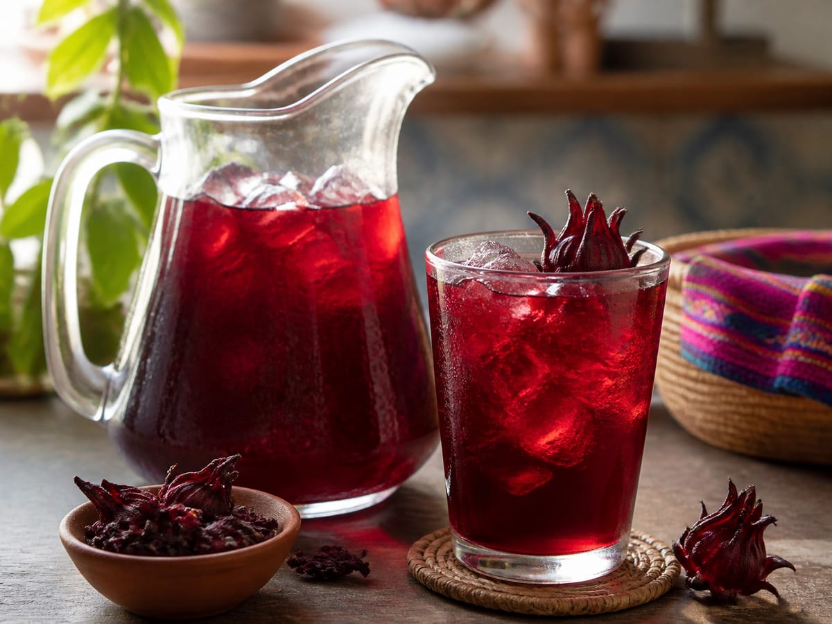 Jarra y vaso de agua de Jamaica roja con hielo